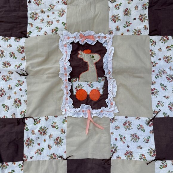 Vintage Handmade Baby Quilt Patchwork Throw Ruffle Trim Animal Flowers Toddler - Picture 2 of 4